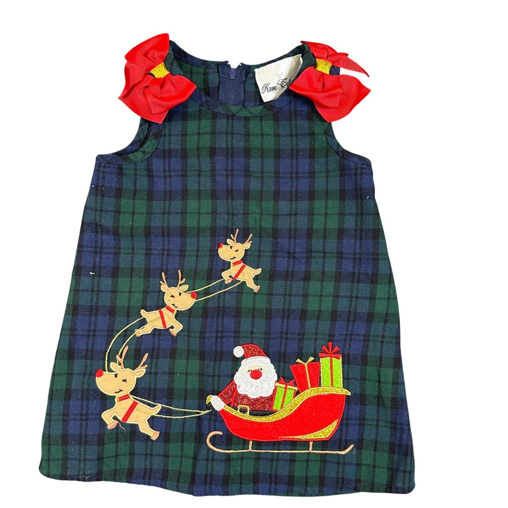 Rare Edition Girls Christmas Dress Plaid Santa Reindeer Bows Green Blue Red